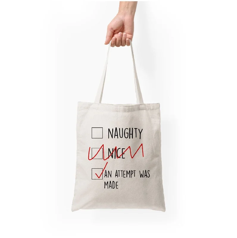 Bags With Seasonal Sales An Attempt Was Made - Naughty Or Nice Tote Bag Chic Shoulder Bags At Promotional Rates Bags With Seasonal Sales An Attempt Was Made - Naughty Or Nice Tote Bag Chic Shoulder Bags At Promotional Rates