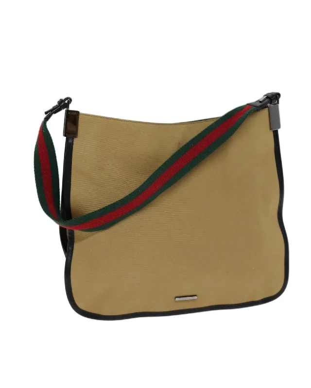 Classic Modern Offers Canvas Shoulder Bag with Green and Beige Web Detail by Italian Designer Stylish Totes, Special Discounts Classic Modern Offers Canvas Shoulder Bag with Green and Beige Web Detail by Italian Designer Stylish Totes, Special Discounts