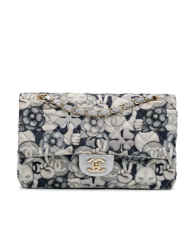 Seize Bargains Quilted Nylon Double Flap Shoulder Bag with Cat Emoticon Print Best Deals On Premium Handbags