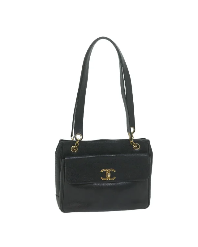 Hot Styles Black Caviar Skin Chain Shoulder Bag with Turn Lock Elegant Totes At Limited-Time Prices