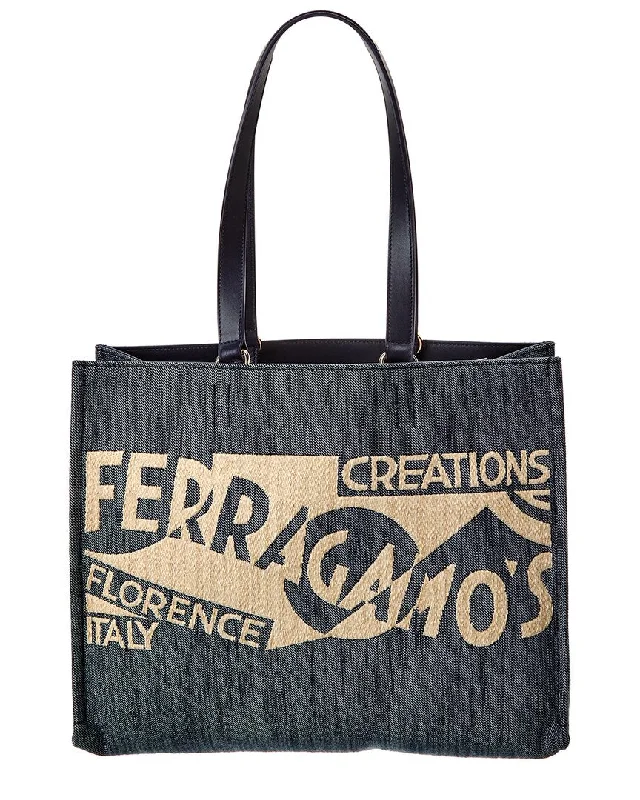 Ferragamo Logo Medium Denim & Leather Tote The Best Handbag Offers Are Here