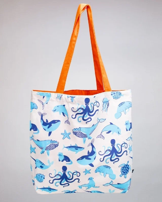 Retro Marine Life Canvas Shoulder Tote Luxury Bags, Budget Prices