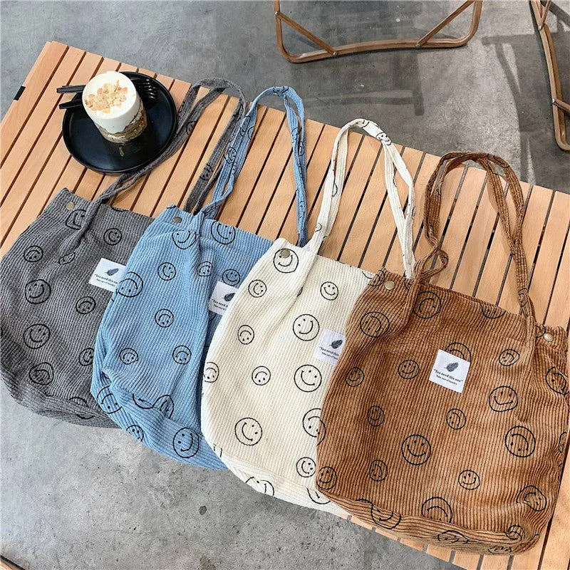 Corduroy Smiley Face Shoulder Tote Bag Stylish And Durable Handbags At Great Value