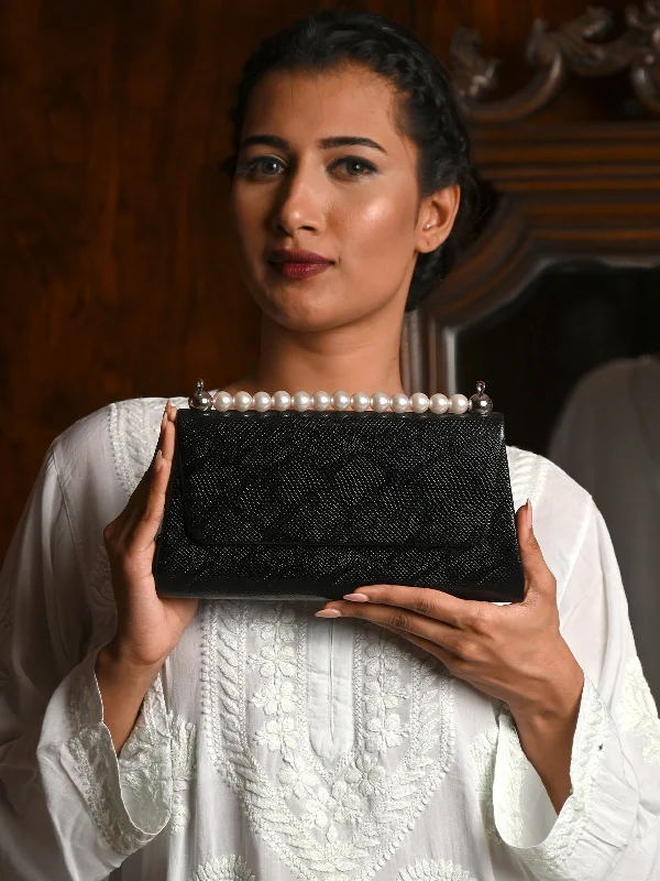 Odette Black Textured And Beads Embellished Clutch For Women Elegant Purses At Clearance Prices