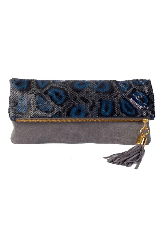 Cece Grey & Cobalt Python Reversible to Grey Suede Foldover Clutch