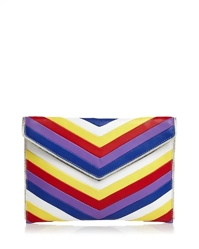 Chevron Quilted Leo Leather Clutch In Rainbow