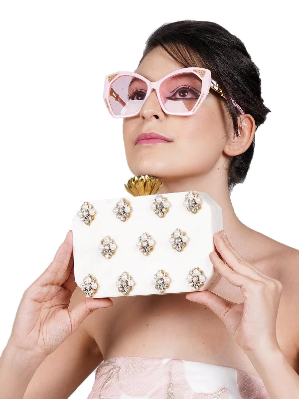 Odette Women Marble White Shade Resin Clutch!