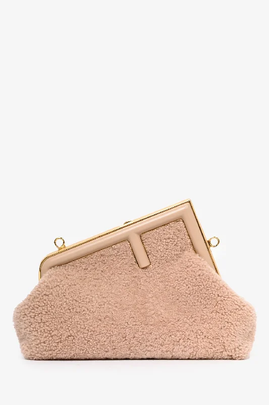 Fendi Pink Shearling Small First Clutch with Strap