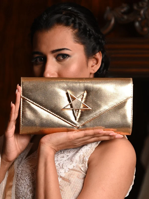 Odette Women Gold Textured Clutch With A Star Brooch Designer-Inspired Bags At Reduced Prices Odette Women Gold Textured Clutch With A Star Brooch Designer-Inspired Bags At Reduced Prices