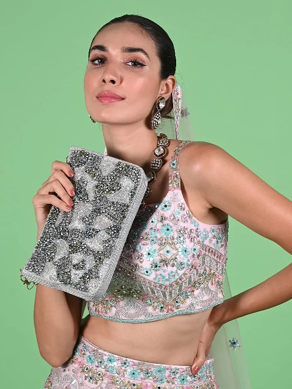 Odette Grey Fabric Beads Clutch For Women Statement Bags With Exclusive Savings