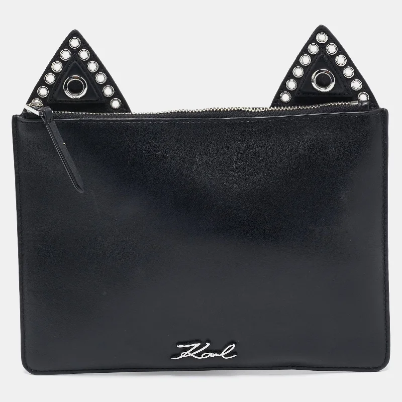 Karl Lagerfeld Black Leather Eyelet Cat Ear Pouch Limited-Time Sale On Trendy Handbags – Don't Miss Out Karl Lagerfeld Black Leather Eyelet Cat Ear Pouch Limited-Time Sale On Trendy Handbags – Don't Miss Out