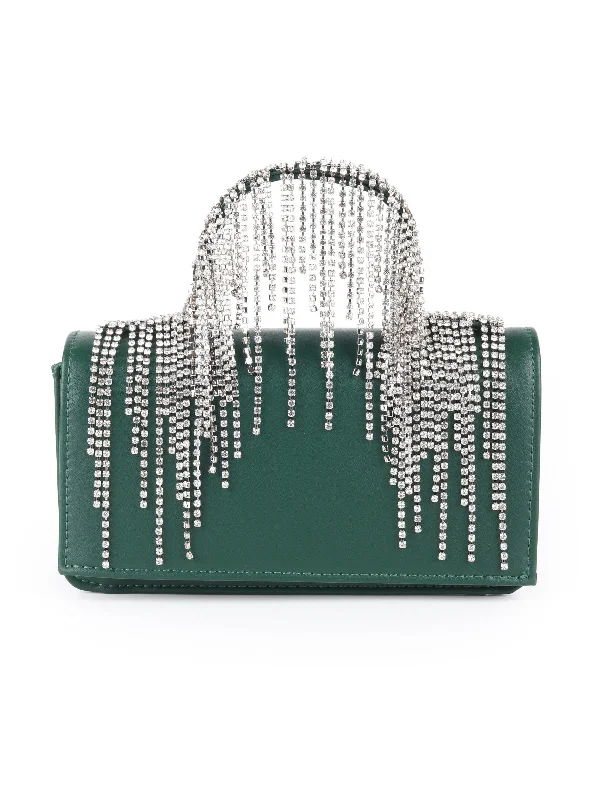 Odette Dark Green Faux Stone Tassels Embellished Clutch For Women Premium Bags, Special Prices Odette Dark Green Faux Stone Tassels Embellished Clutch For Women Premium Bags, Special Prices