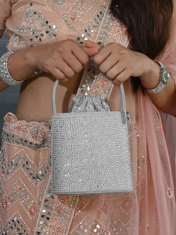 Odette Grey Embellished Potli Style Clutch for Women Trendy Totes, Shop & Save