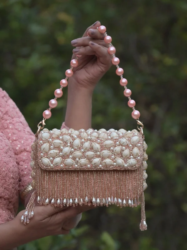 Odette Peach Heavily Beads Embroidered Clutch for Women Sleek Bags, Perfect Prices