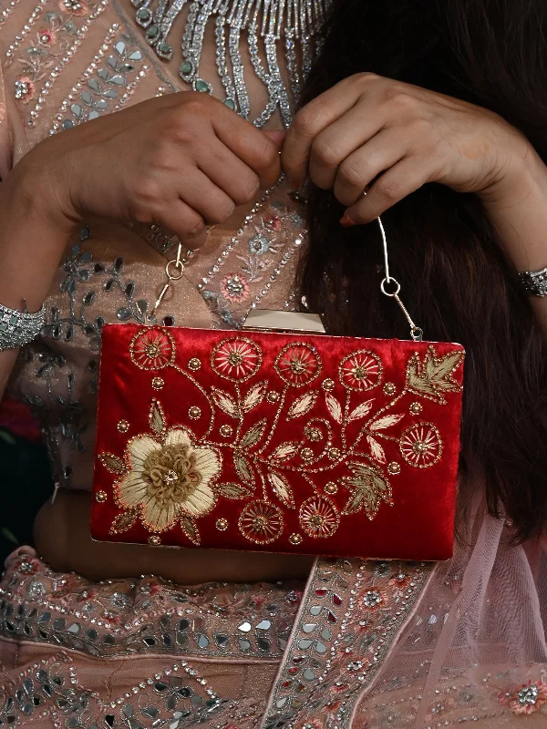 Odette Red and Gold Floral Embroidered Clutch for Women Best Bag Sale Of The Season
