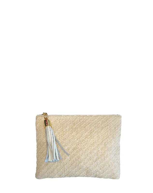 Shaker Light Braided Tan Raffia Tassel Clutch