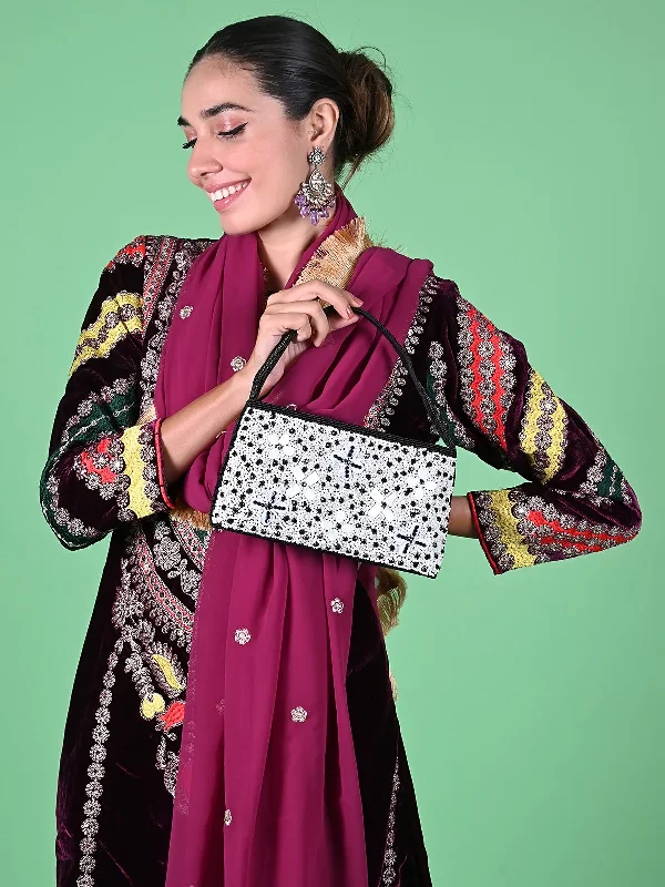 Odette White And Black Fabric Beaded Clutch For Women Luxury Handbags At Budget-Friendly Rates Odette White And Black Fabric Beaded Clutch For Women Luxury Handbags At Budget-Friendly Rates