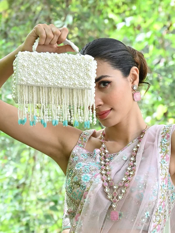 Odette White And Blue Fabric Pearls Bridal Clutch For Women The Best Handbag Offers Are Here Odette White And Blue Fabric Pearls Bridal Clutch For Women The Best Handbag Offers Are Here