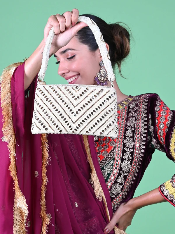 Odette White And Golden Fabric Pearls Bridal Clutch For Women Fashionable Bags At Must-Have Prices Odette White And Golden Fabric Pearls Bridal Clutch For Women Fashionable Bags At Must-Have Prices