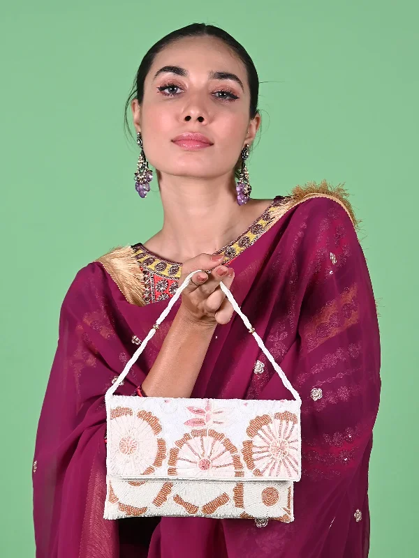Odette White Fabric Floral Clutch For Women Grab Your Favorite Handbags For Less