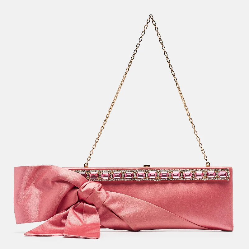 Valentino Pink Satin Crystal Embellished Bow Chain Clutch Timeless Handbags Now At Special Discounts Valentino Pink Satin Crystal Embellished Bow Chain Clutch Timeless Handbags Now At Special Discounts