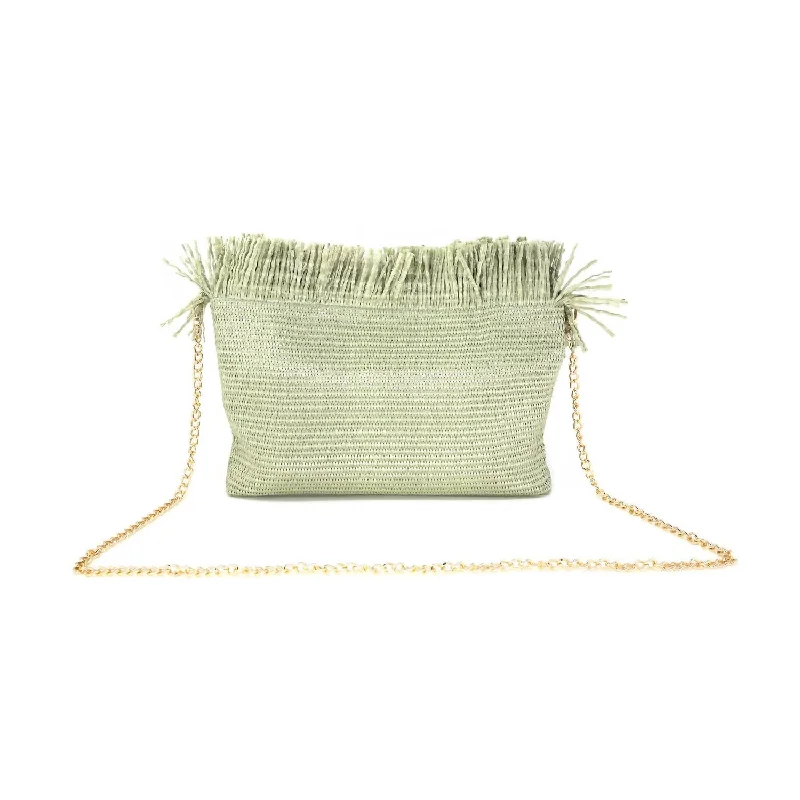 Women's Fringe Raffia Clutch In Sage