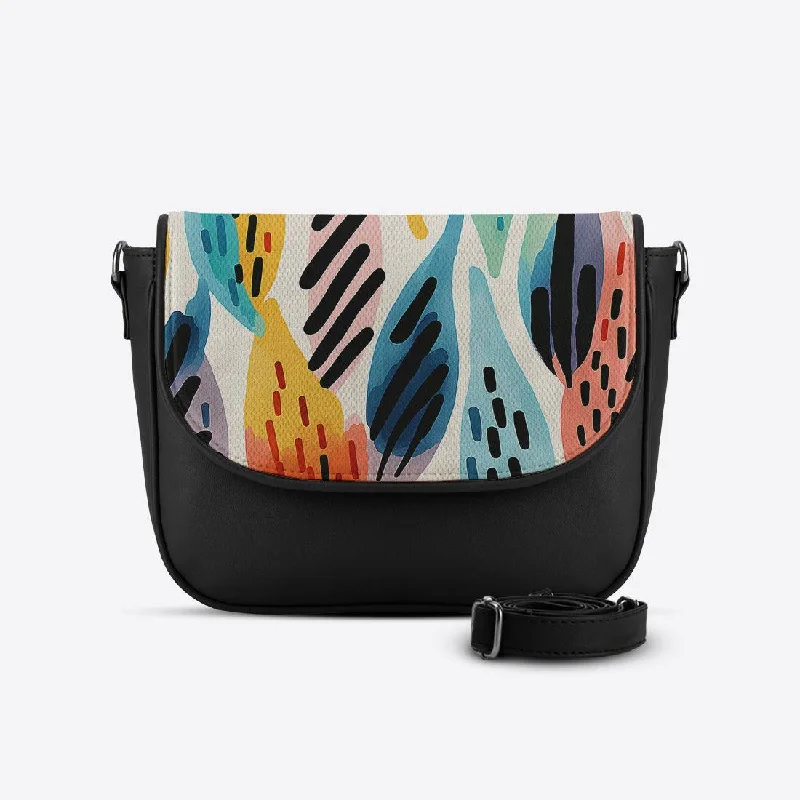 Black Messenger Crossbody Drawen Leafs