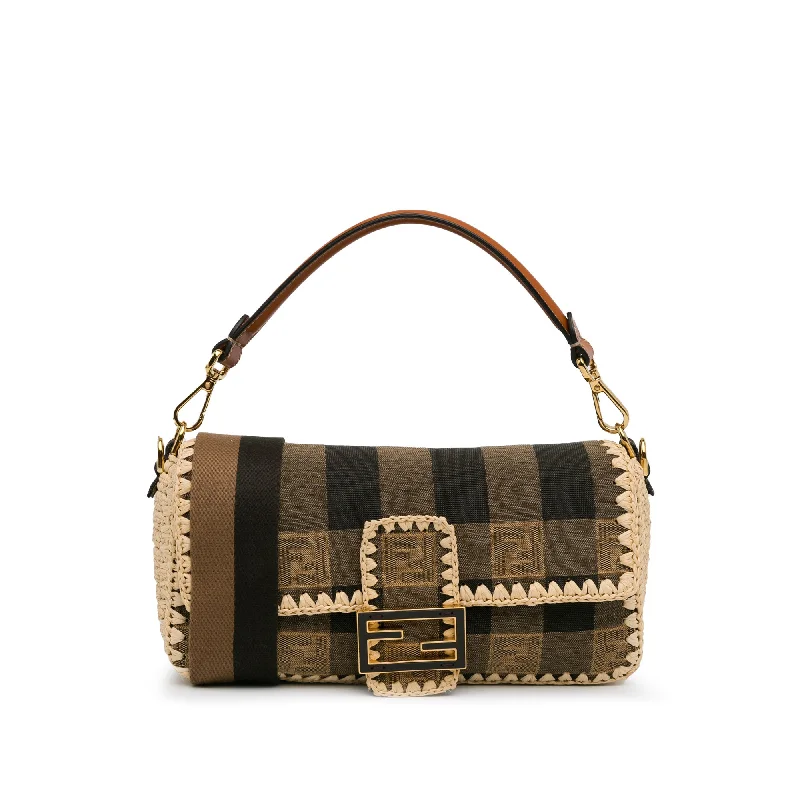 Brown Fendi Pequin Gingham Canvas And Raffia Baguette Satchel