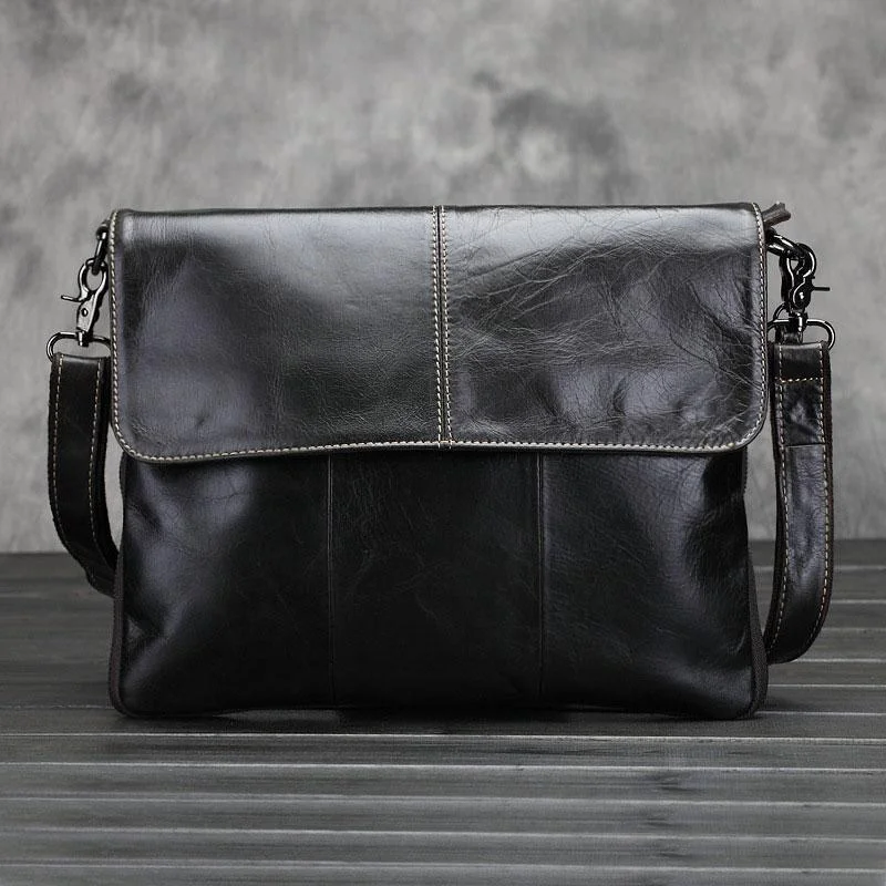 Cool Small Black Leather Mens Messenger Bag Shoulder Bag for Men