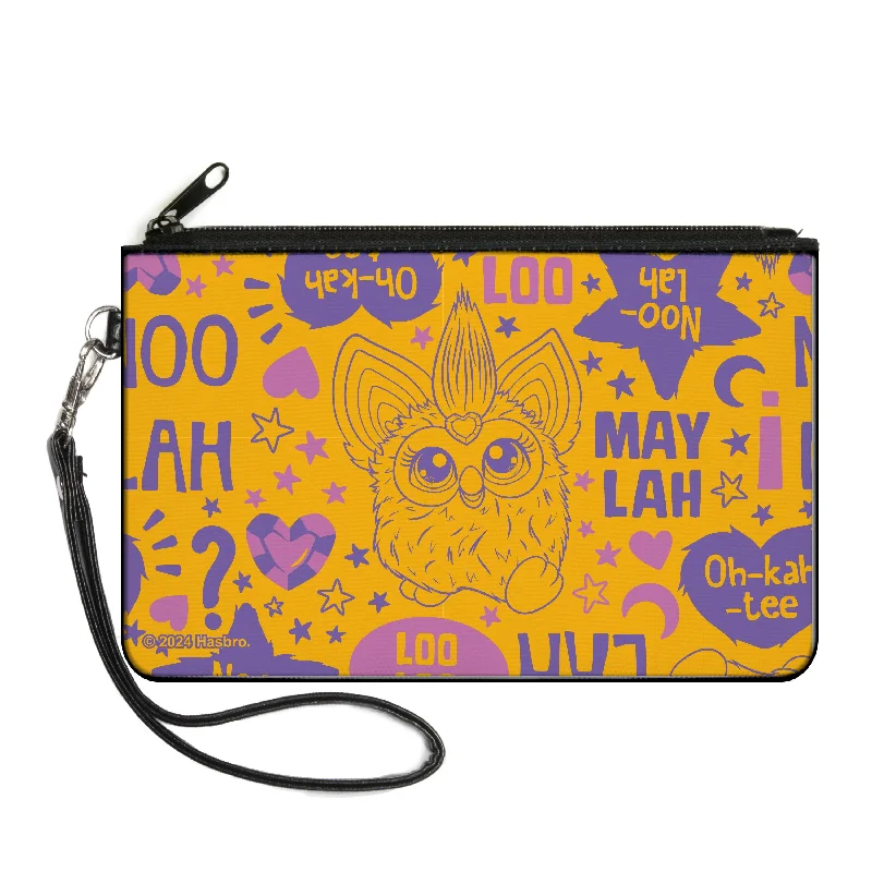 Canvas Zipper Wallet - LARGE - Furby Purple Excited Furby Pose and Icons Grid Collage Pink/Purple