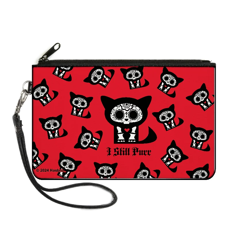 Canvas Zipper Wallet - LARGE - Skelanimals Kit the Cat I STILL PURR Pose Red/Black/White