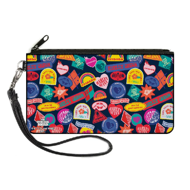 Canvas Zipper Wallet - LARGE - The Suicide Squad 2021 Harley Quinn Badges Stacked Black Multi Color Designer Bags, Low Prices Canvas Zipper Wallet - LARGE - The Suicide Squad 2021 Harley Quinn Badges Stacked Black Multi Color Designer Bags, Low Prices