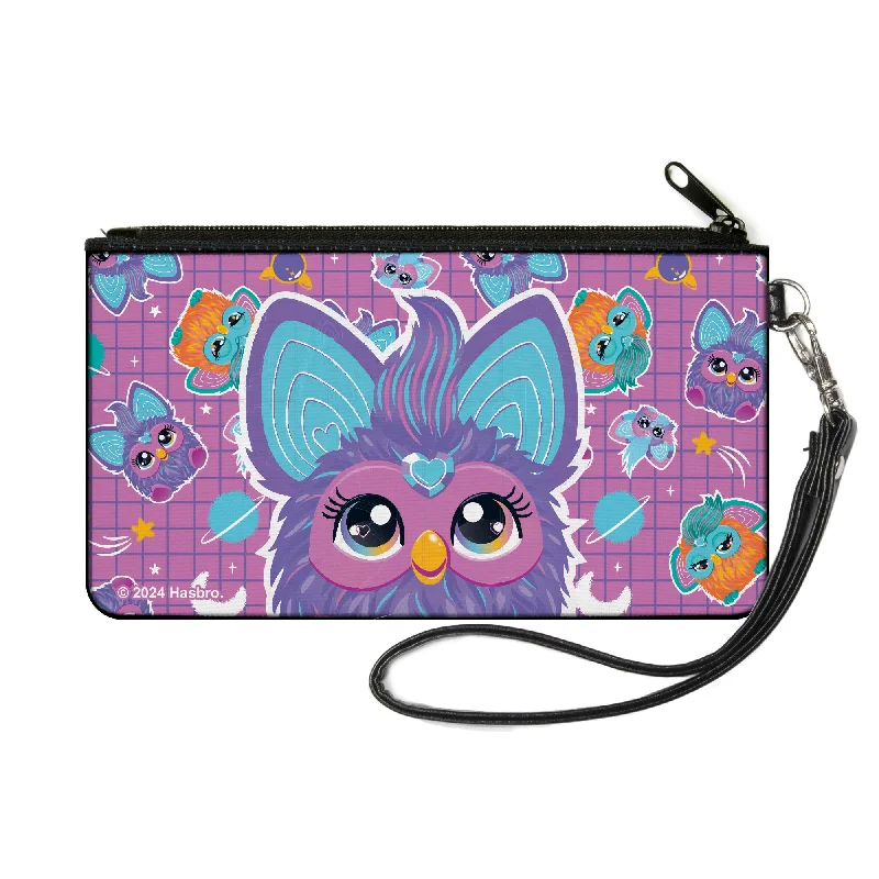 Canvas Zipper Wallet - SMALL - Furby Purple Excited Furby Pose and Icons Grid Collage Pink/Purple