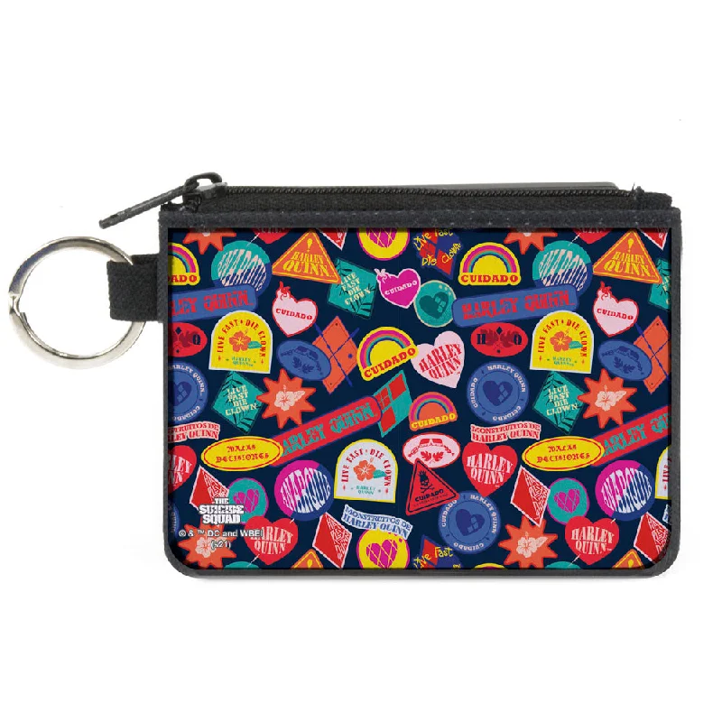 Canvas Zipper Wallet - MINI X-SMALL - The Suicide Squad 2021 Harley Quinn Badges Stacked Black Multi Color Elegant Bags, Limited Stock Canvas Zipper Wallet - MINI X-SMALL - The Suicide Squad 2021 Harley Quinn Badges Stacked Black Multi Color Elegant Bags, Limited Stock