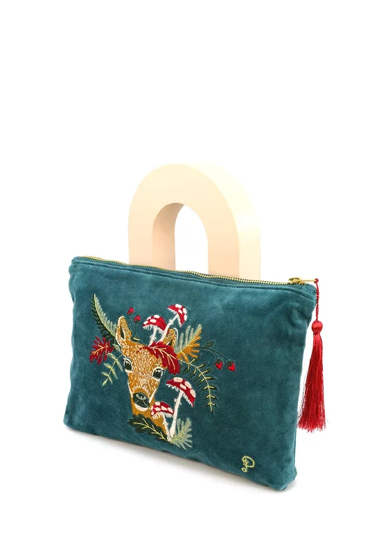 Powder Doe with Toadstools Velvet Zip Pouch, Teal Premium Bags, Special Prices