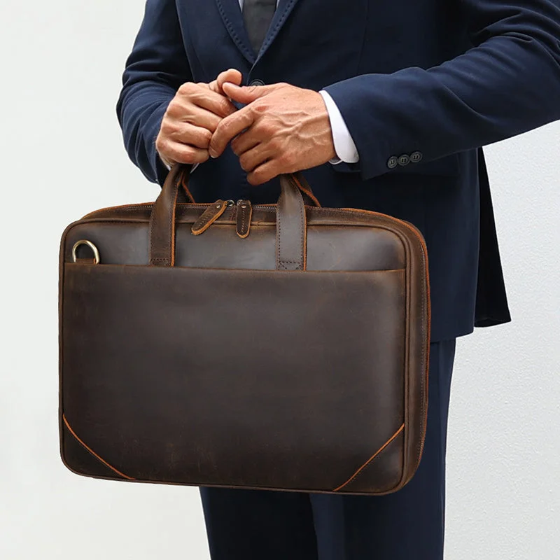 Full Grain Leather Briefcase Vintage Leather Attache Leather Portfolio Mens Leather Laptop Bag Shoulder Bag