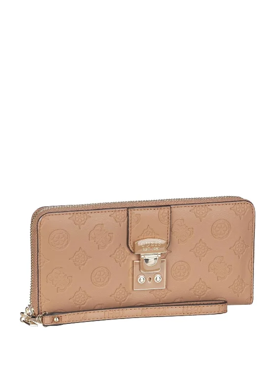 Guess Carlson Embossed Peony Zip Around Wallet, Cognac