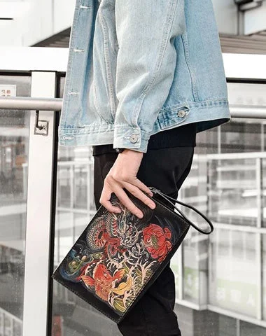 Handmade Black Tooled Dragon Carp Leather Clutch Wristlet Bag Messenger Bag Side Bag For Men Exclusive Bag Deals – Perfect For Any Occasion Handmade Black Tooled Dragon Carp Leather Clutch Wristlet Bag Messenger Bag Side Bag For Men Exclusive Bag Deals – Perfect For Any Occasion
