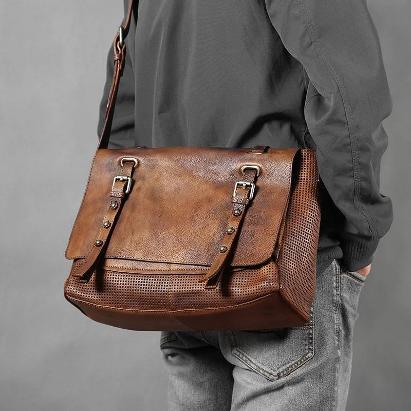 Handmade Leather Mens Cool Shoulder Bag Messenger Bag Chest Bag Bike Bag Cycling Bag for men