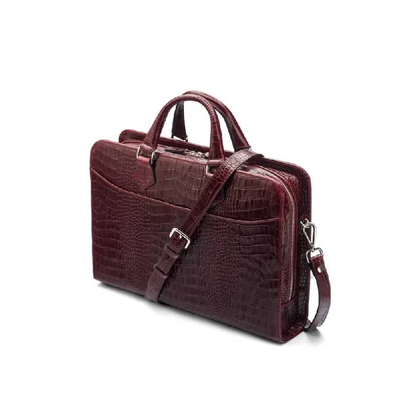 Leather Trinity 13" Laptop Briefcase - Burgundy Croc Exclusive Discounts On Stylish Handbags Leather Trinity 13" Laptop Briefcase - Burgundy Croc Exclusive Discounts On Stylish Handbags