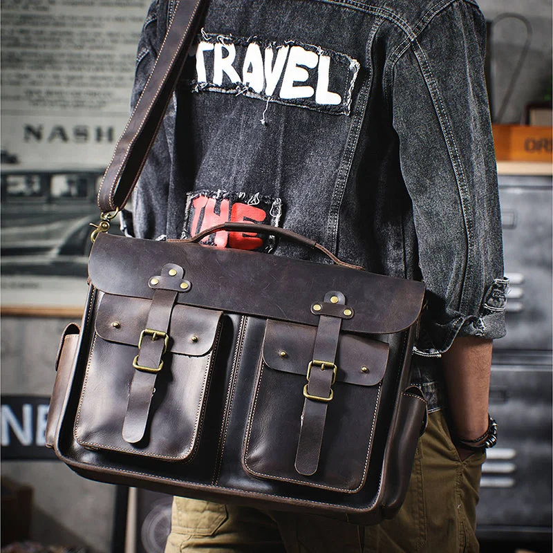 Vintage Large Leather Briefcase 14" Leather Briefcase Laptop Bag Full Grain Leather Messenger Bag Crossbody Bag For Men