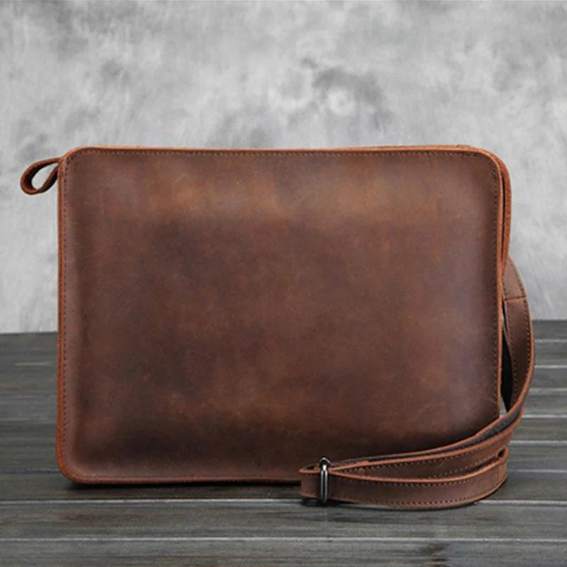 Vintage Small Leather Mens Messenger Bag Clutch Wristlet Shoulder Bag for Men