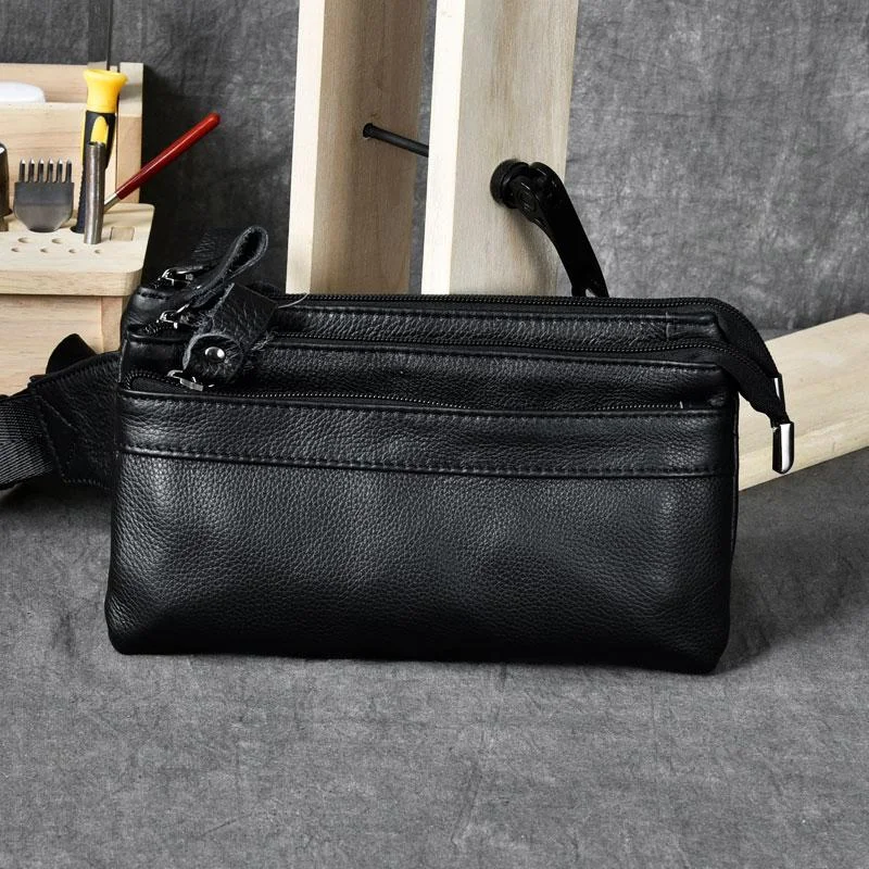 Black Leather Fanny Pack Mens Waist Bag Hip Pack Belt Bag for Men