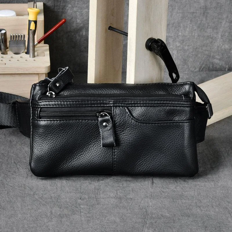 Black Leather Fanny Pack Mens Waist Bag Hip Pack Belt Bag for Men