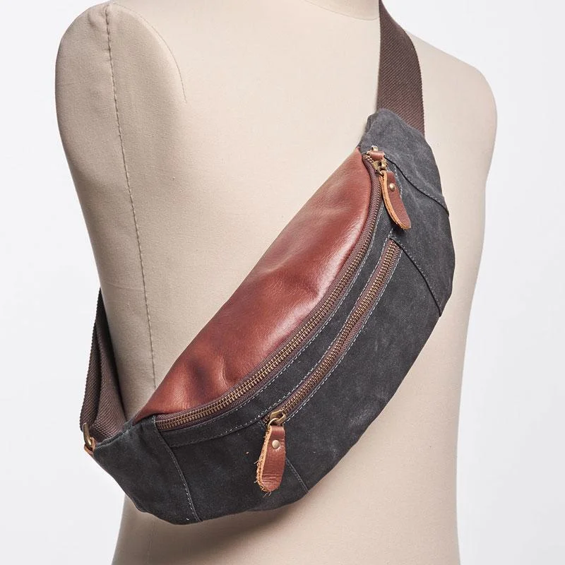 Canvas Leather Mens Fanny Pack Canvas Waist Bag Small Canvas Chest Bag for Men