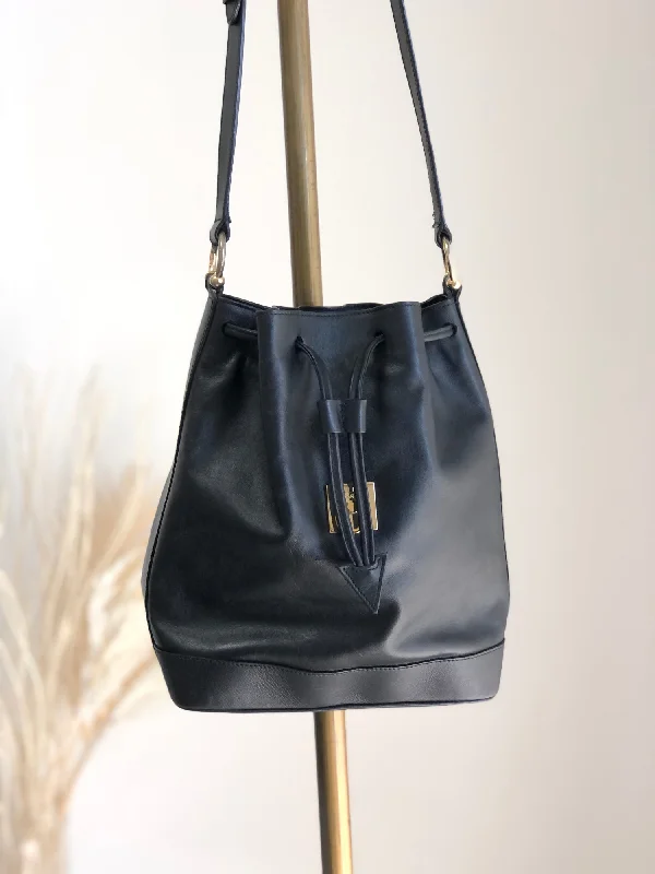 CELINE Gancini Drawstring Shoulder bag Black Vintage pm8nst