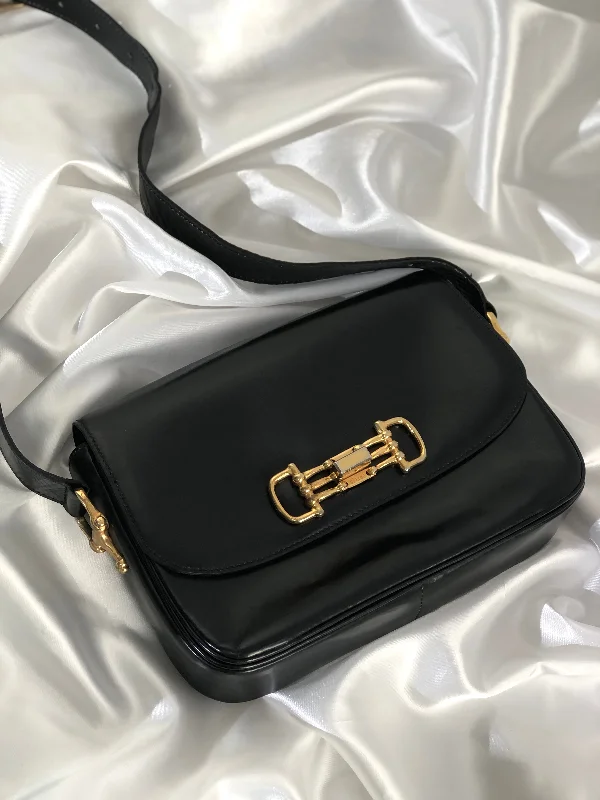 CELINE Horse Bit Leather Crossbody Shoulder bag Black Vintage p25eua