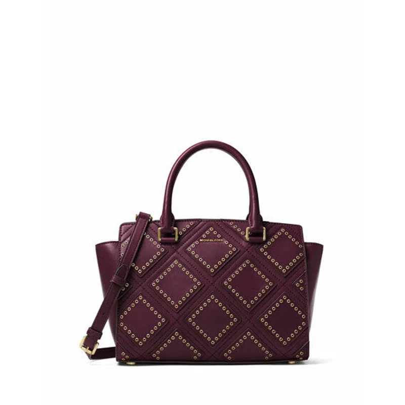 MICHAEL KORS, Diamond Grommet Selma Satchel, Plum/Gold, Leather