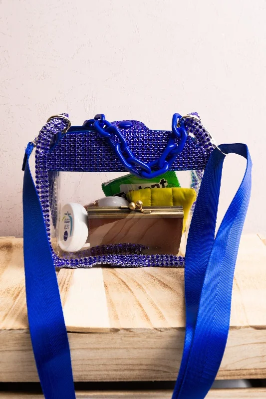 Avant-Garde Style Promotions Viola Sparkle Clear Crossbody with Blue Multi-Faceted Stud Trim Unmissable Deals On High-Quality Designer Bags Avant-Garde Style Promotions Viola Sparkle Clear Crossbody with Blue Multi-Faceted Stud Trim Unmissable Deals On High-Quality Designer Bags