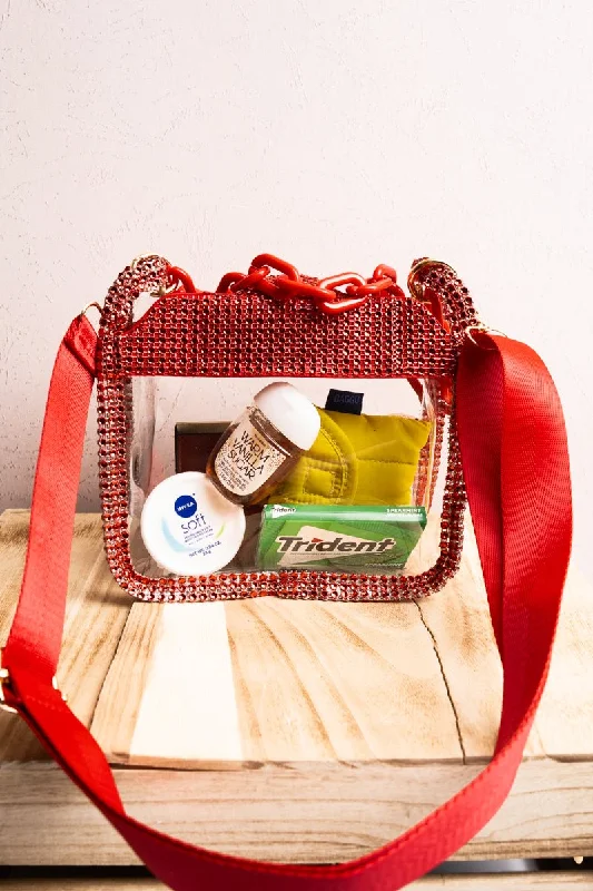 Classic Chic Deals Viola Sparkle Clear Crossbody with Red Multi-Faceted Stud Trim Stylish And Functional Bags Now At Reduced Rates Classic Chic Deals Viola Sparkle Clear Crossbody with Red Multi-Faceted Stud Trim Stylish And Functional Bags Now At Reduced Rates